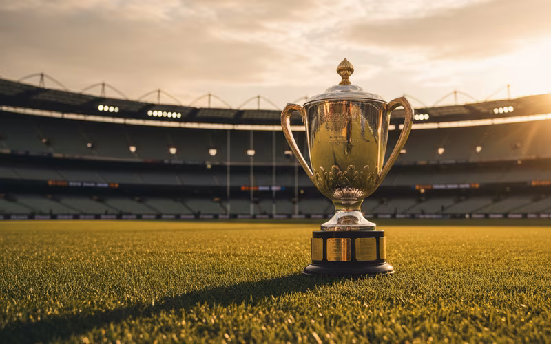 LaLiga title race trophy on green oval at sunset
