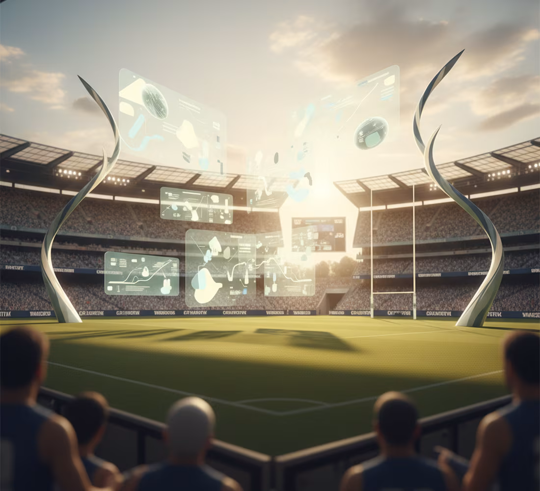LaLiga stadium at golden hour with live fantasy stats overlays