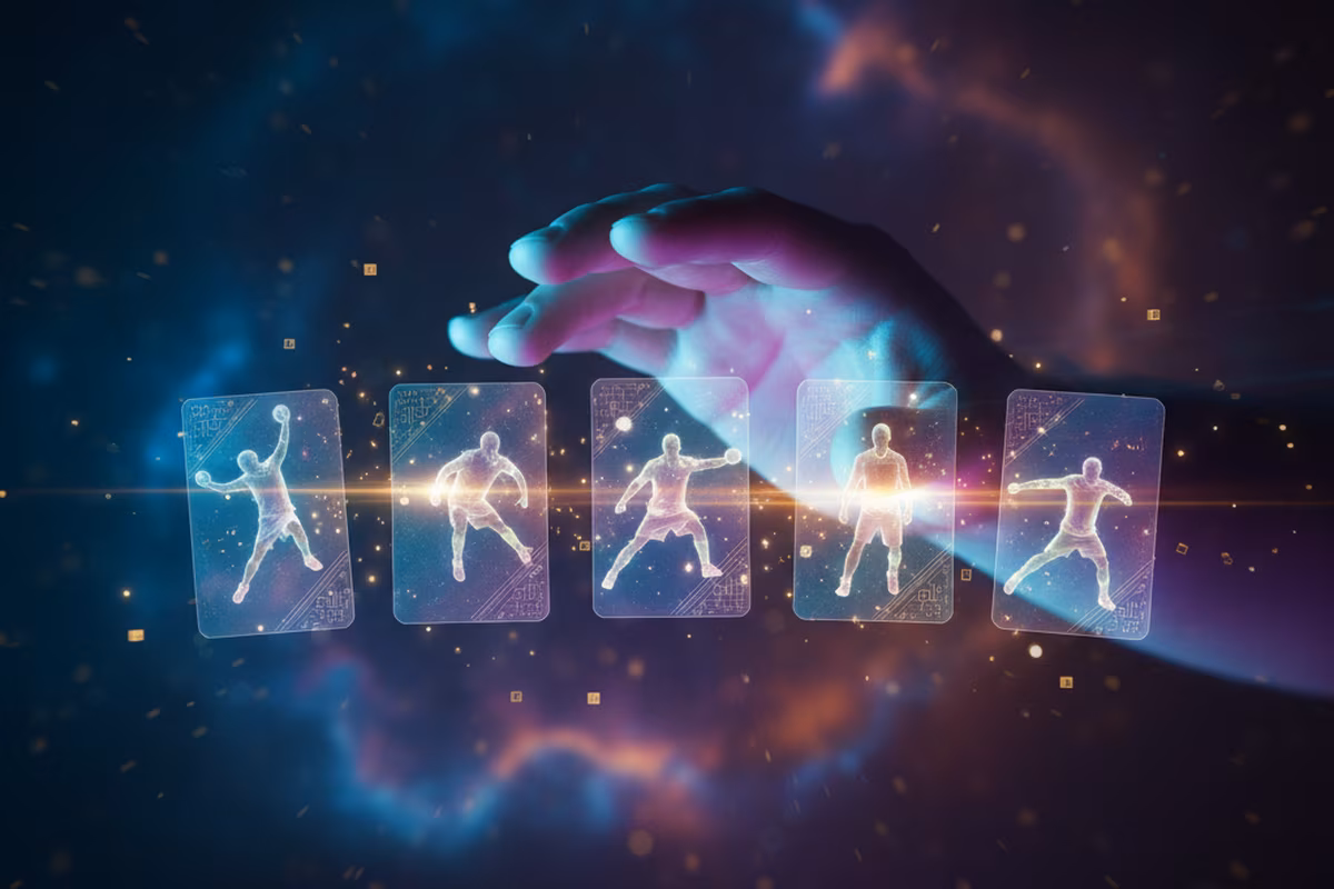 Hand selecting a holographic player card